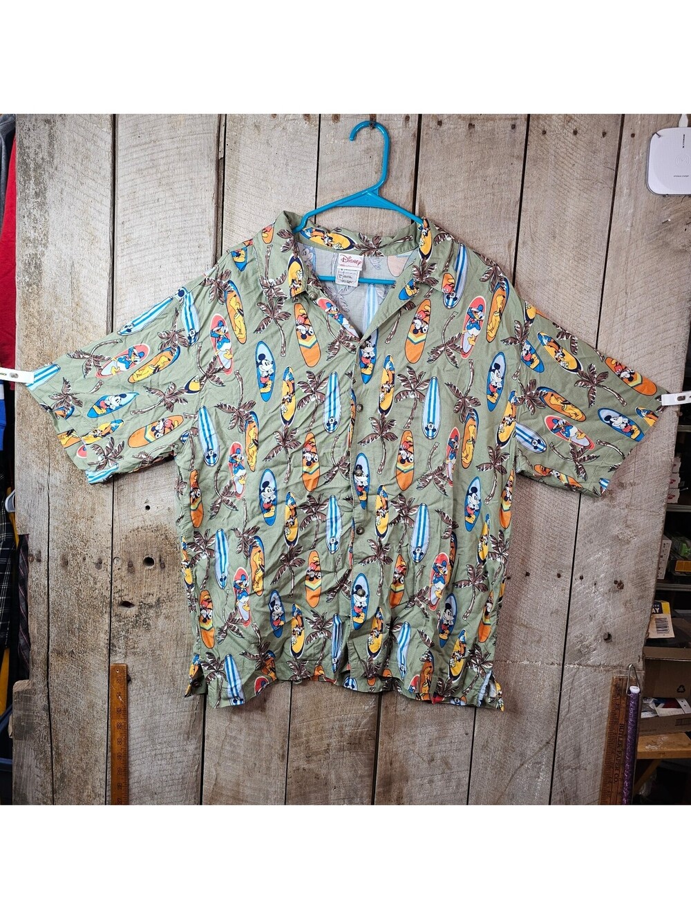 Disney Men's L Hawaiian Shirt Mickey Mouse Surfing Rayon Button Down Aloha Camp